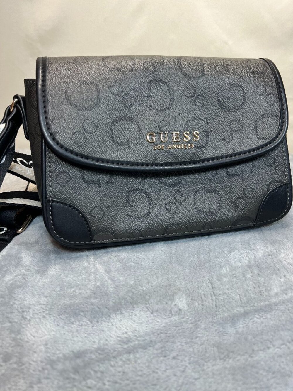 Guess logo black vegan crossbody bag, Guess logo jacquard fold over flap